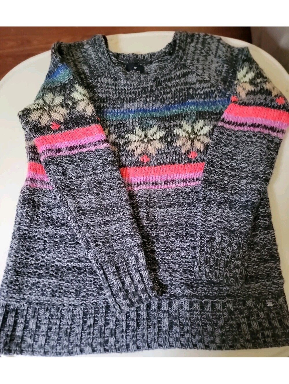American Eagle Womens S Fair Isle Sweater Wool Mohair Blend Gray Multicolor